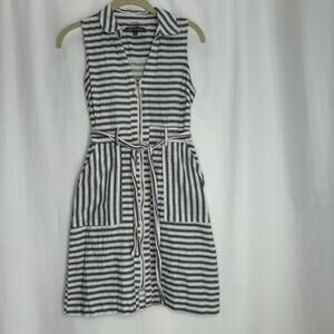 sharagano womans shirt dress sleeveles blue and white striped zip up 6P